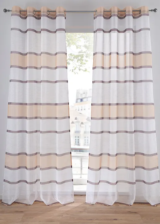 Transparente Gardine mit Querstreifen Druck (1er Pack) in beige - bonprix