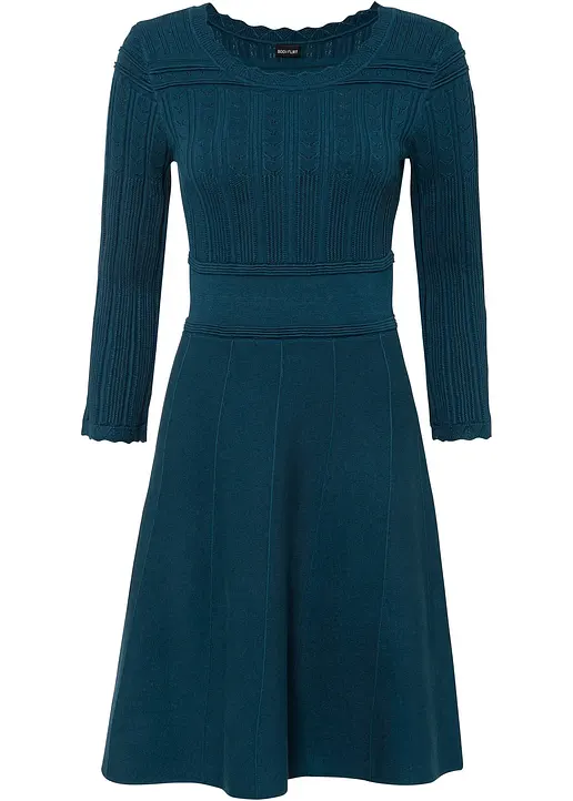 Strickkleid mit Ajourmuster in petrol von vorne - bonprix