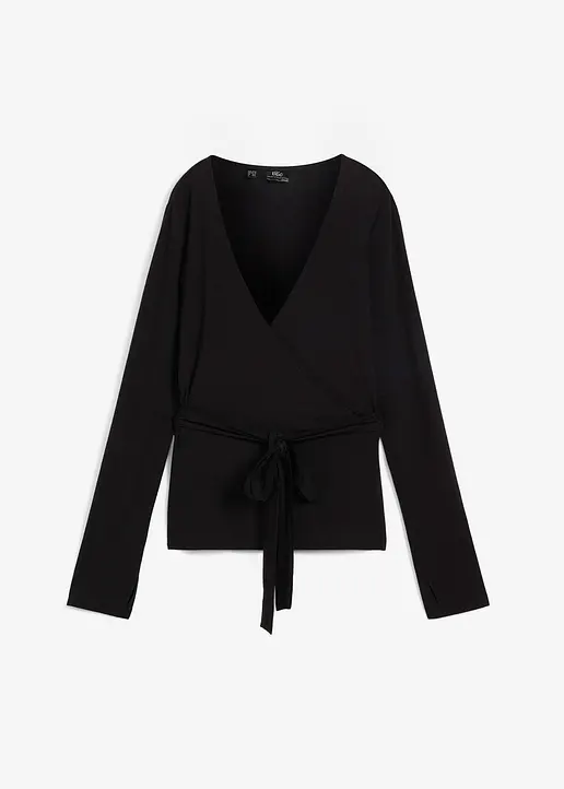 Sport-Shirtjacke zum Wickeln mit TENCEL™ Lyocell in schwarz von vorne - bonprix