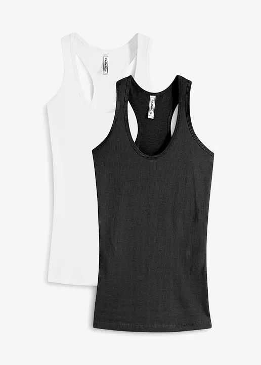 2er-Pack Ripp-Tanktop in schwarz von vorne - bonprix