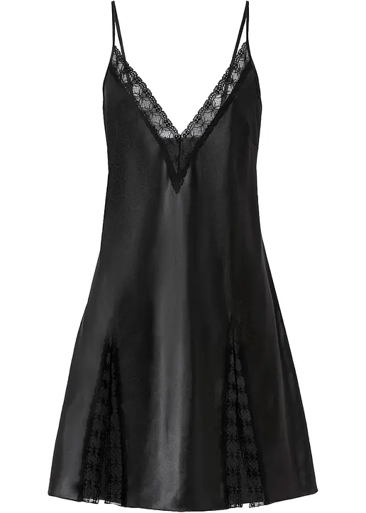 Satin Negligé in schwarz von vorne - VENUS