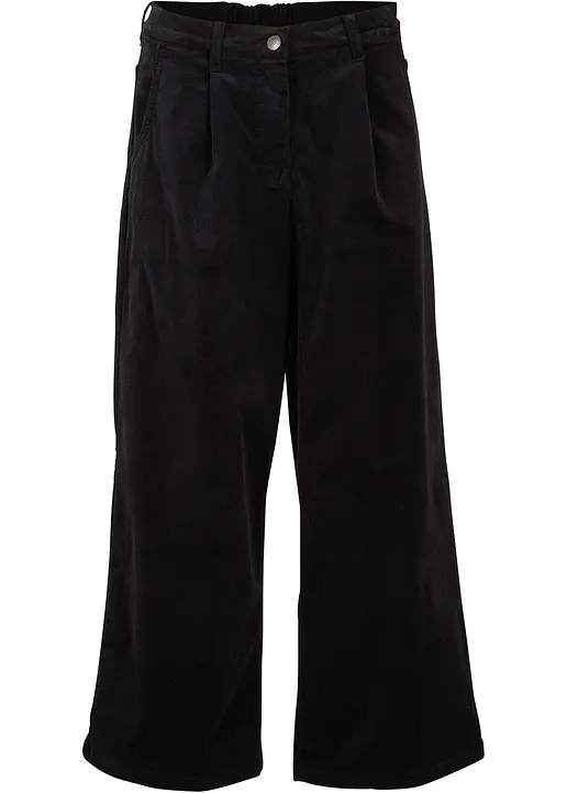 Weite Stretchcord-Culotte mit High-Waist-Bequembund, 7/8-Länge in schwarz von vorne - bonprix