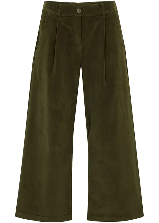 Weite Stretchcord-Culotte mit High-Waist-Bequembund, 7/8-Länge in grün von vorne - bonprix