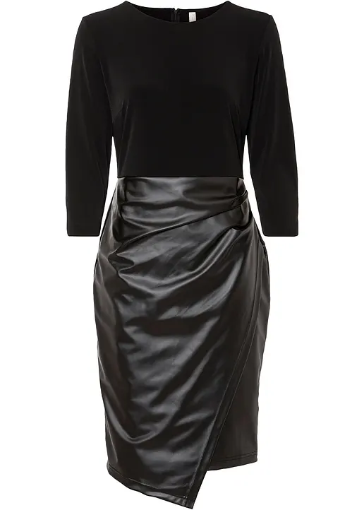 Lederimitat-Kleid mit Jersey-Oberteil in schwarz von vorne - bonprix