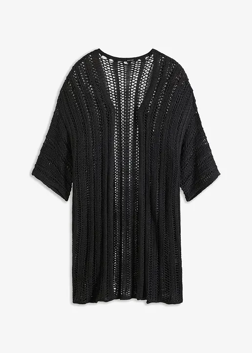 Longstrickjacke mit Lochmuster in schwarz von vorne - bonprix