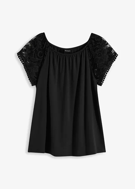 Shirt mit Spitzenärmeln in schwarz von vorne - bonprix
