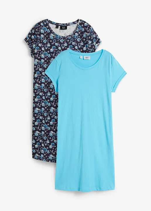 Shirtkleid mit seitlichen Schlitzen aus reiner Baumwolle (2er Pack) in blau von vorne - bonprix