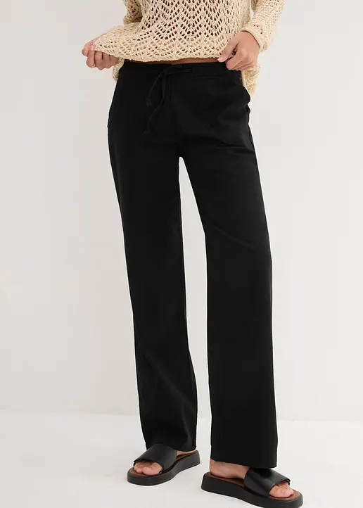 Leinen-Hose mit weitem Bein in schwarz von vorne - bonprix