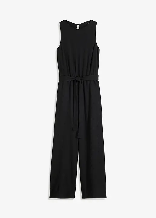 Jersey-Jumpsuit aus strukturiertem Crêpe in schwarz von vorne - bonprix
