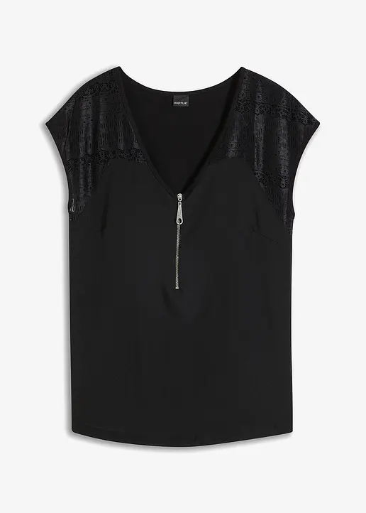 Shirt mit Spitzeneinsatz in schwarz von vorne - bonprix