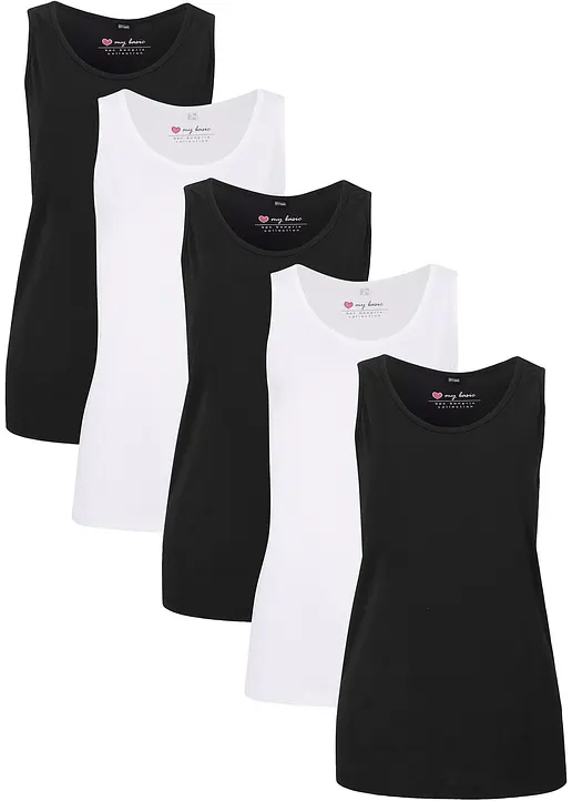 Long-Top aus reiner Baumwolle (5er Pack) in schwarz von vorne - bonprix