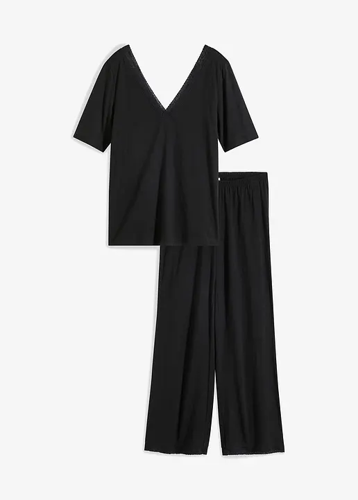Pyjama mit Viskose und weiter Hose in schwarz von vorne - bonprix