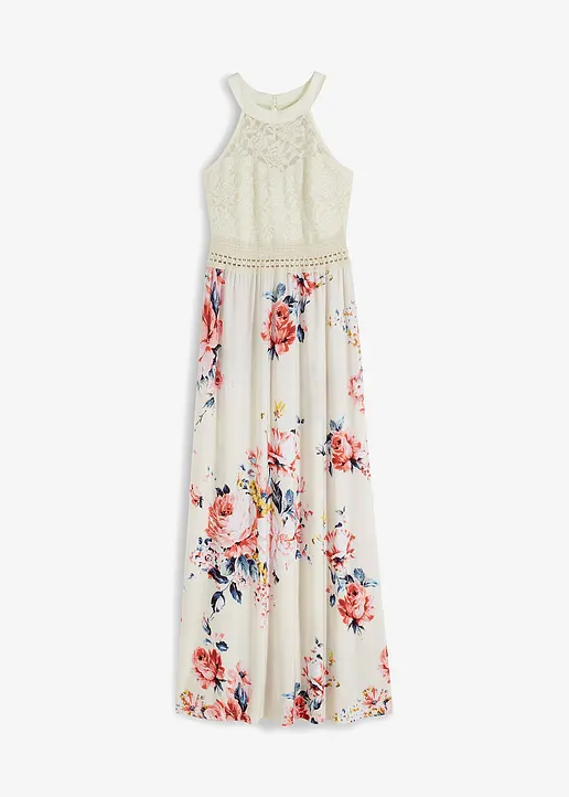 Sommer-Maxikleid mit Blumen-Print und Spitze in beige von vorne - bonprix