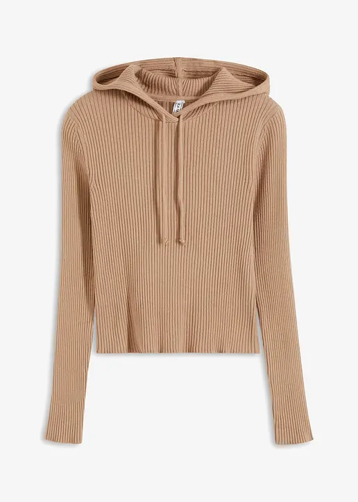 Feinstrickpullover mit Kapuze in beige von vorne - bonprix