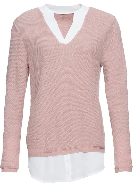 Feinstrickpullover mit Bluseneinsatz in rosa von vorne - bonprix