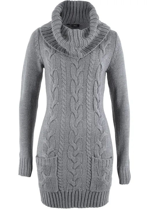 Strickkleid mit Rollkragen und aufgesetzten Taschen in grau von vorne - bonprix