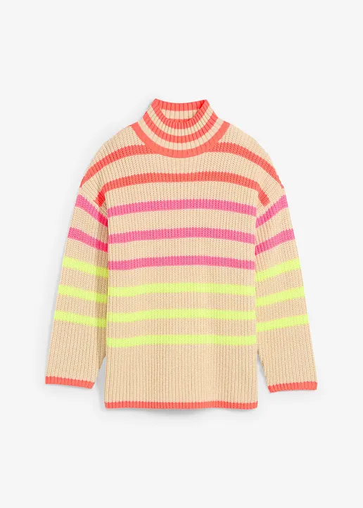 Oversize-Pullover mit Neonstreifen in beige von vorne - bonprix