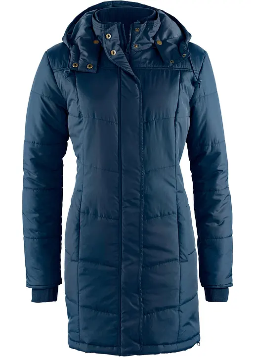 Long-Steppjacke, wattiert mit Kragen und Kapuze in blau - bonprix