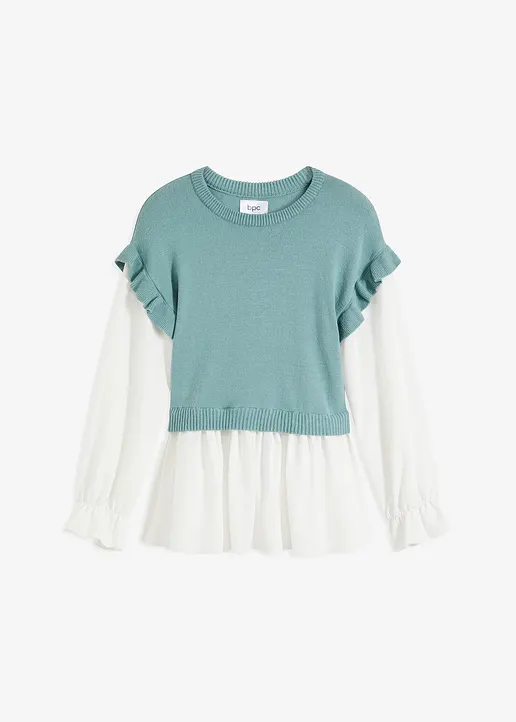 Pullover mit Blusen-Einsatz in blau von vorne - bonprix