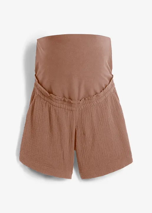 Umstandsshorts aus reinem Baumwoll-Musselin in braun von vorne - bonprix