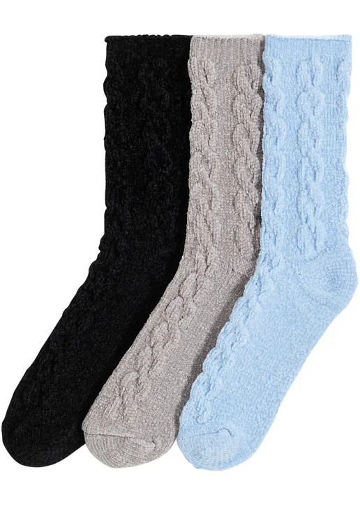 Kuschelsocken mit Chenille mit recyceltem Polyester (3er Pack)​ in schwarz von vorne - bonprix