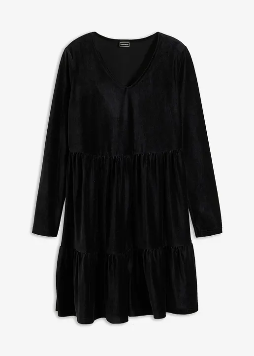 Minikleid aus elastischen Samt in schwarz von vorne - bonprix
