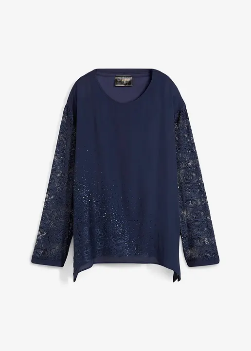 Tunika mit Spitze und Glitzersteinchen in blau von vorne - bonprix