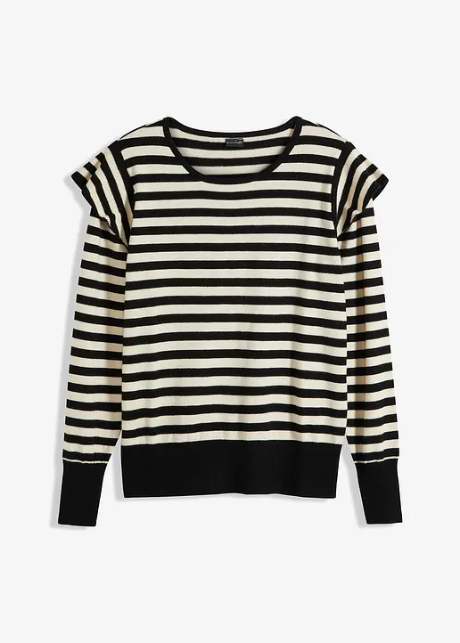 Streifen-Pullover mit Volant in beige von vorne - bonprix