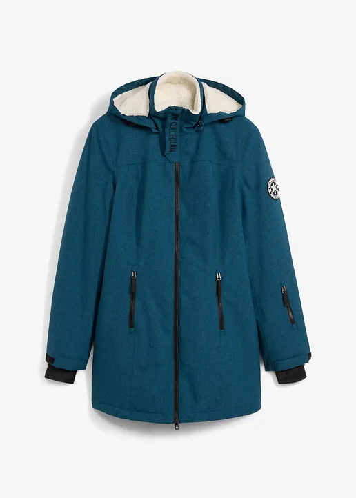 wasserdichte Funktions-Outdoor-Longjacke mit Teddyfleece in petrol von vorne - bonprix