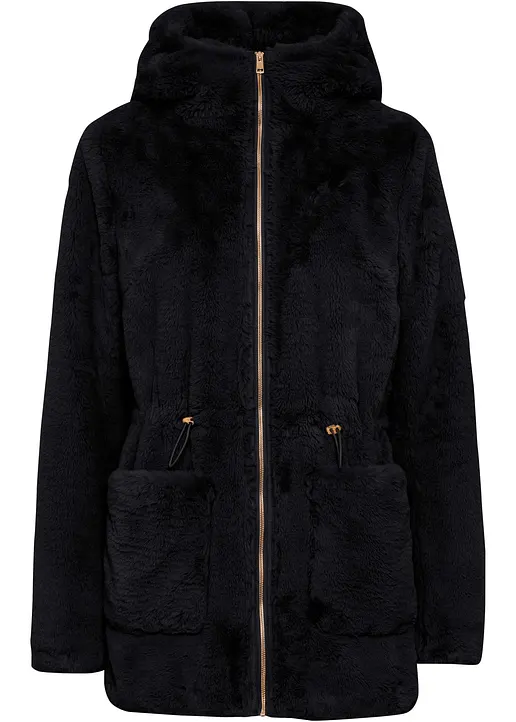 Lässige Fellimitat-Jacke in schwarz von vorne - bonprix