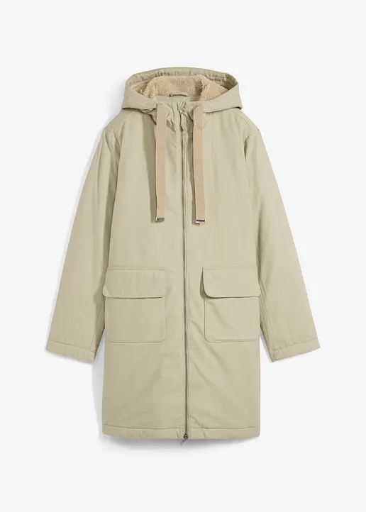 warm wattierter Winterparka mit Teddyfutter in Kapuze in beige von vorne - bonprix