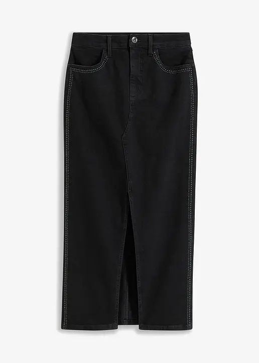 Jeansrock mit Nietenbesatz in schwarz von vorne - bonprix