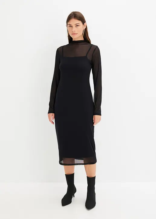 Jerseykleid mit Mesh in schwarz von vorne (Totalaufnahme) - bonprix