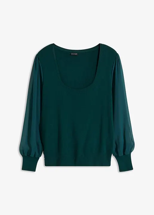 Feinstrickpullover mit Chiffonärmeln in grün von vorne - bonprix