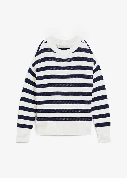 Boxy-Pullover in Ajour-Strick in blau von vorne - bonprix