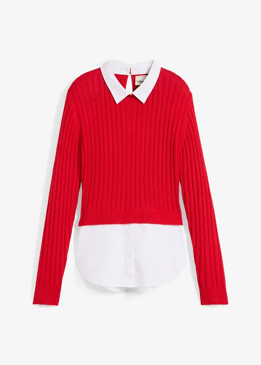 Pullover mit Blusenbesatz in rot von vorne - bonprix