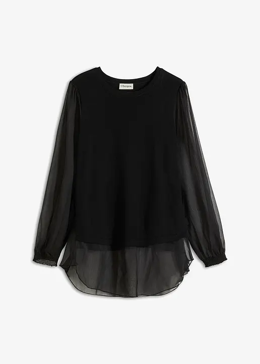 Pullover mit Chiffon Ärmeln in schwarz von vorne - bonprix