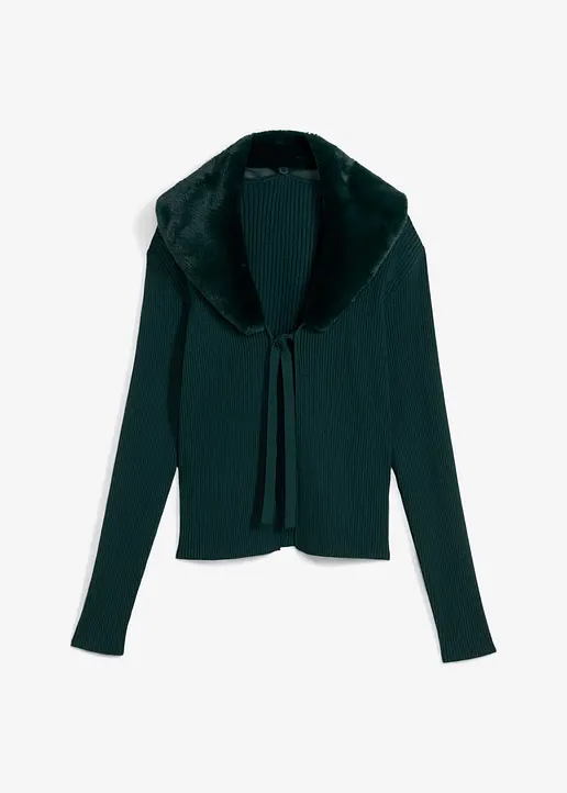 Strickjacke mit Webpelz in grün von vorne - bonprix