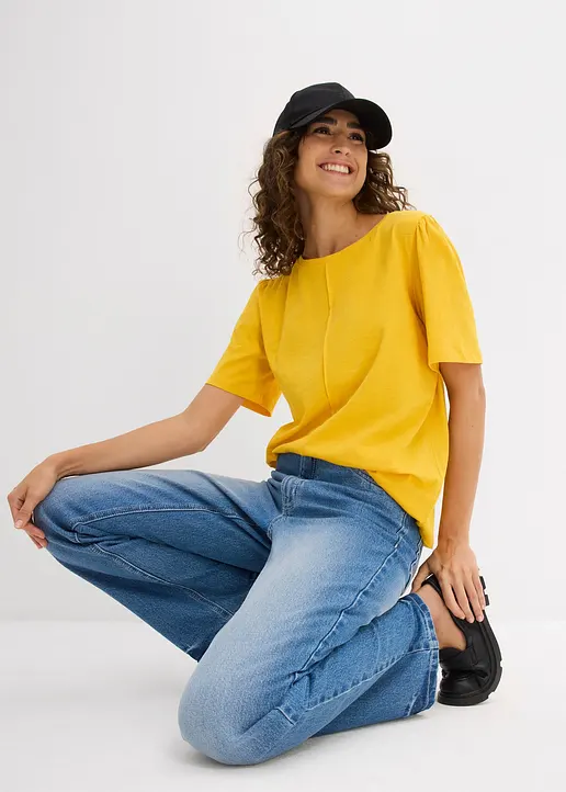T-Shirt aus reiner Baumwolle in gelb im Look (Totalaufnahme) - bonprix