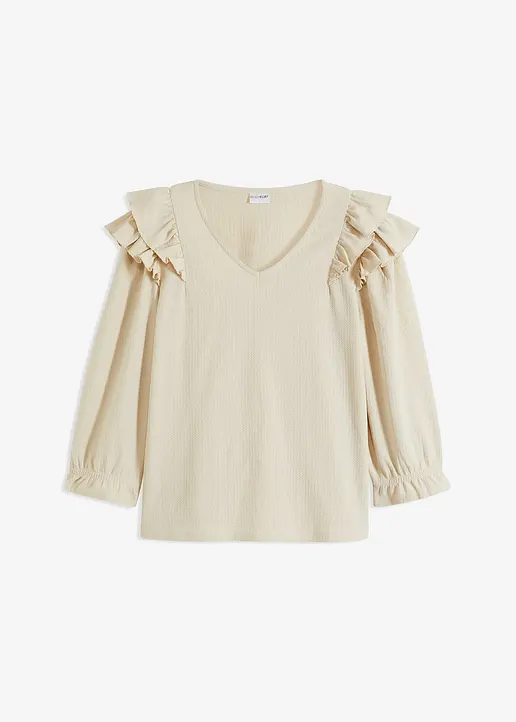 Struktur-Shirt mit Volants in beige von vorne - bonprix