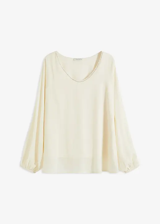 Chiffon-Tunika mit Glitzersteinchen in beige von vorne - bonprix