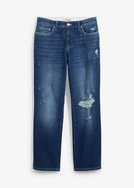 Straight-Jeans Mid Waist Bequembund Low Stretch, cropped in blau von vorne - bonprix