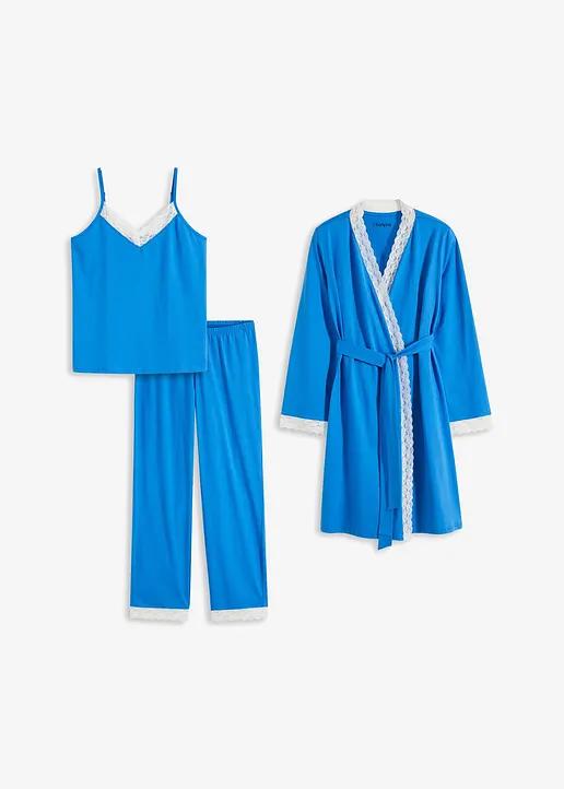Pyjama mit Morgenmantel (3-tlg.Set) in blau von vorne - bonprix