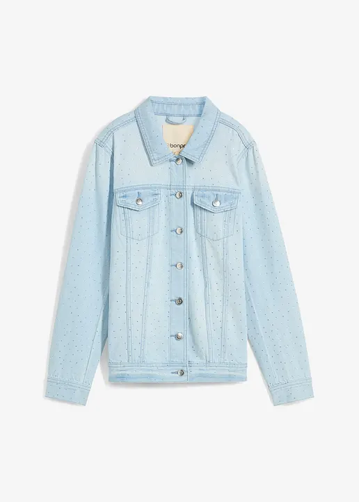 Jeansjacke mit Strasssteinen in blau von vorne - bonprix