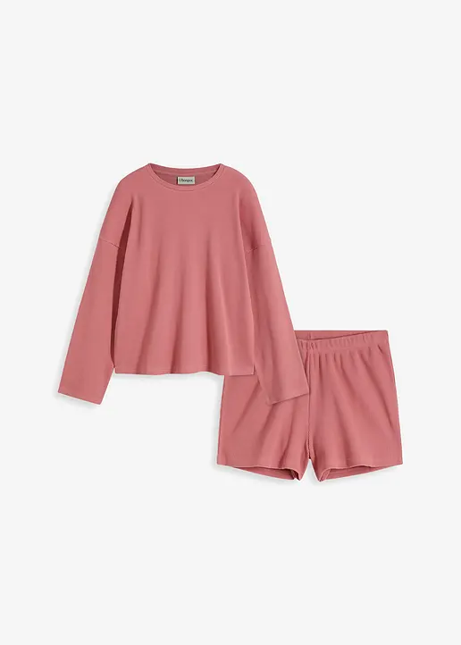 Oversized Loungewear Shorty Hausanzug aus Waffeljersey in rosa von vorne - bonprix