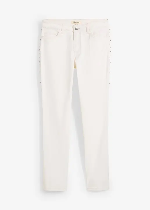 Boyfriend-Jeans, Mid Waist, cropped in beige von vorne - bonprix