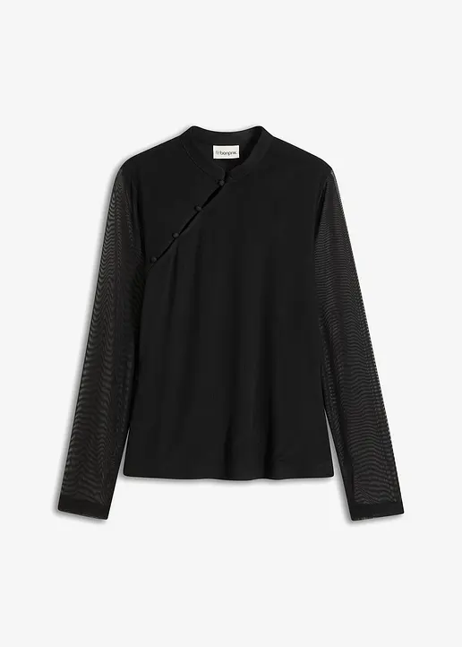Mesh-Shirt mit Knöpfen in schwarz von vorne - bonprix