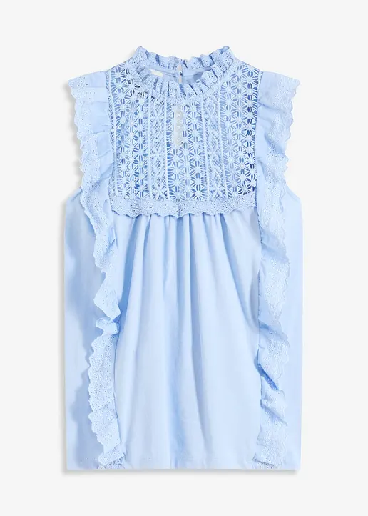 Jersey-Top mit Lochstickerei in blau von vorne - bonprix