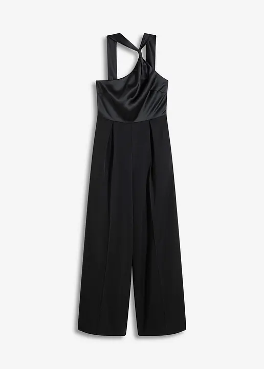 Jumpsuit aus fließendem Satin in schwarz von vorne - bonprix