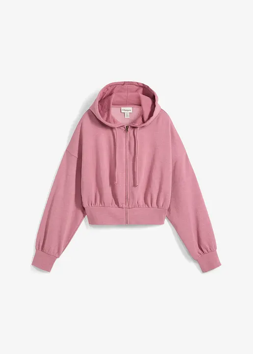 Kurze Kapuzen-Sweatjacke aus weichem Baumwoll-Mix in rosa von vorne - bonprix